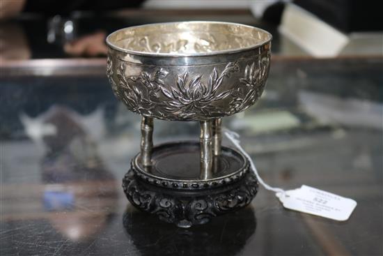 A late 19th/early 20th century Chinese white metal incense burner by Tuck Chang & Co, on hardwood stand, overall height 11.9cm.
